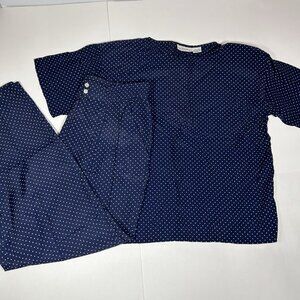 Vtg Point of View Collection Women 2pc Set Polka Dot Blue Blouse & Pants Sz M